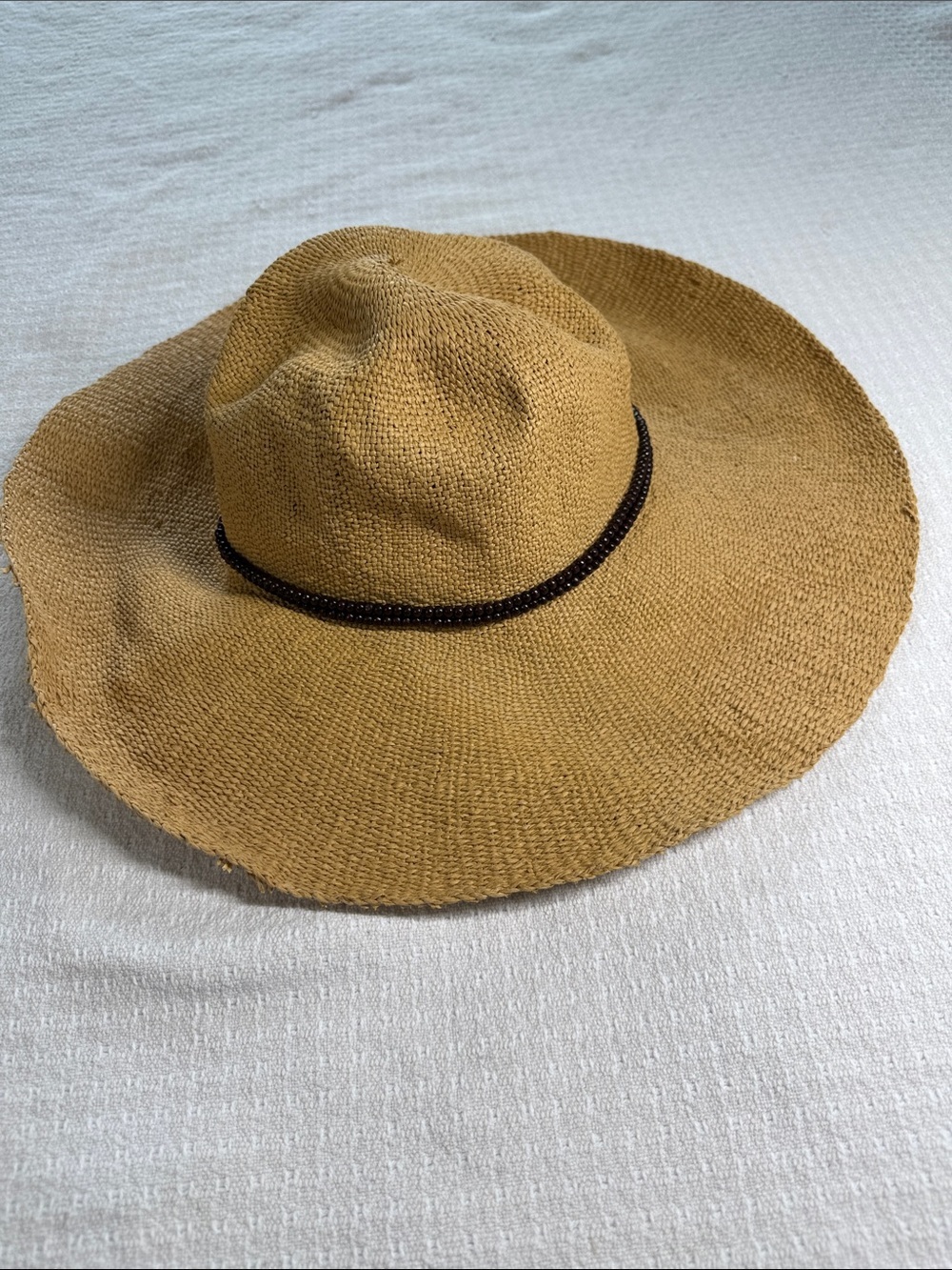 HBY Miami tan woven sun hat with brown beaded bands 5” brim